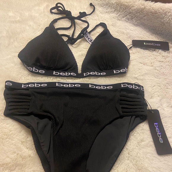 bebe Other - NWT! Bebe women’s 2-piece logo hem black swimsuit size Medium